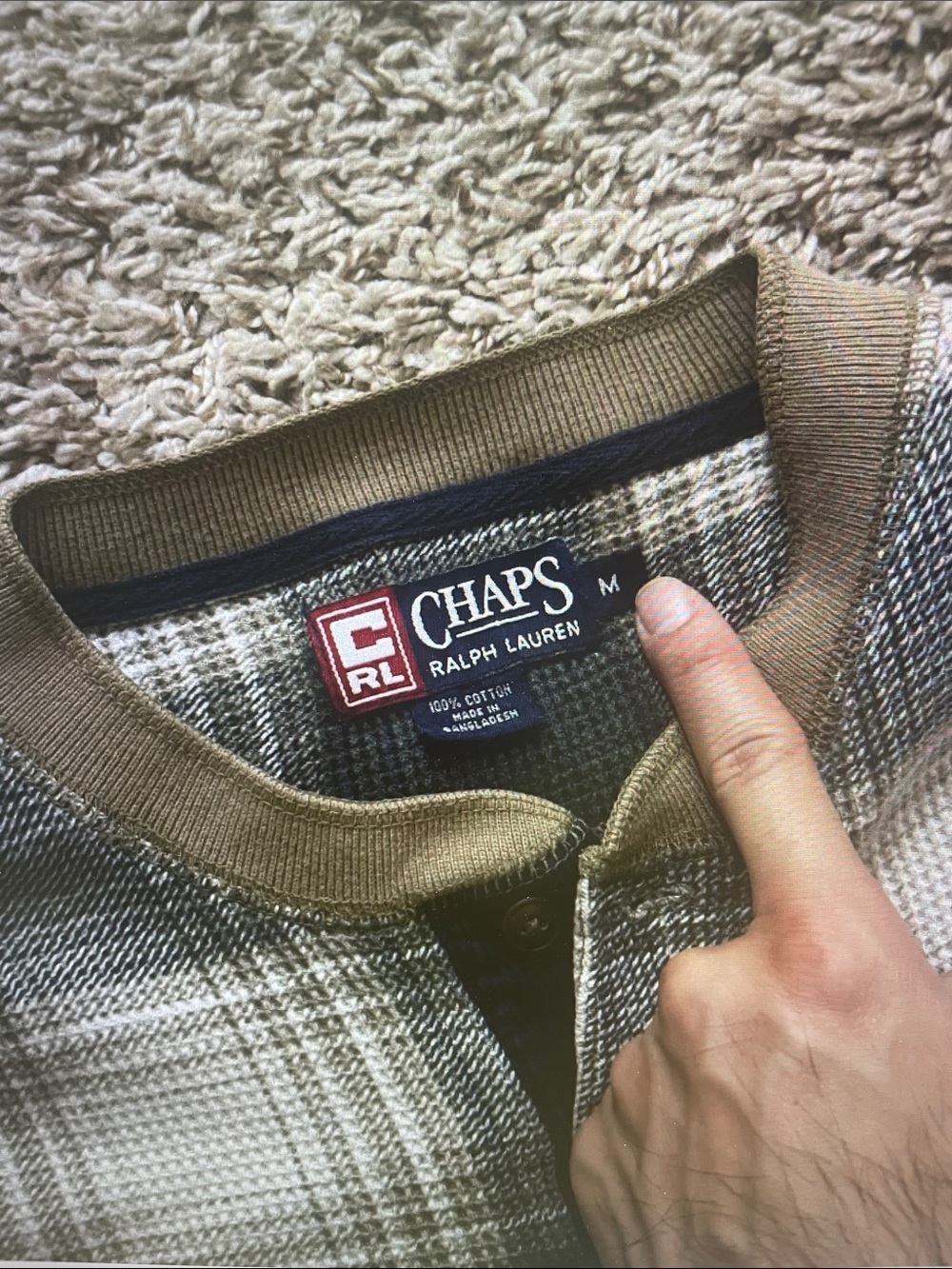 Chaps Black, White & Tan Plaid Henley Thermal Pullover - Picture 3 of 8